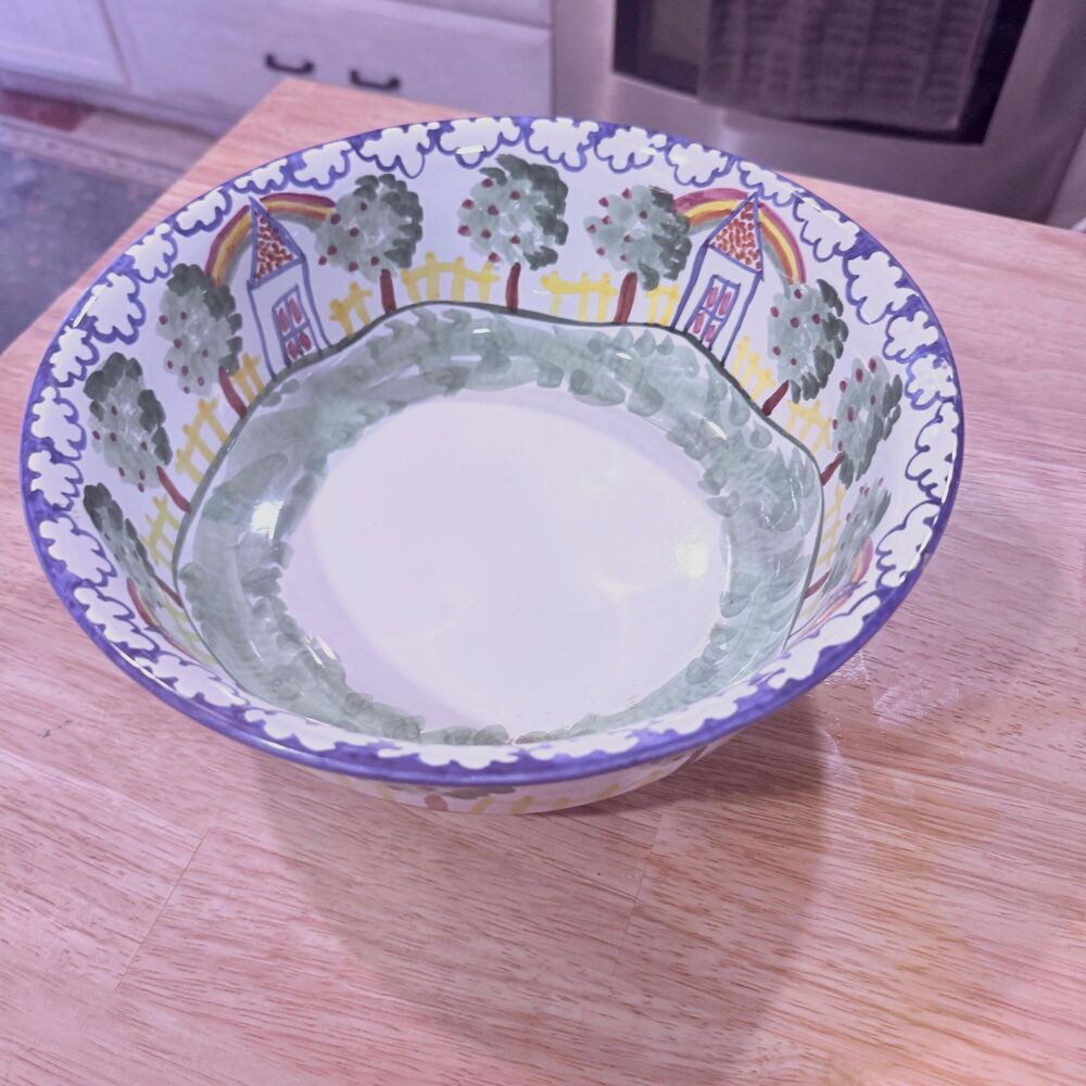 Hand-Painted Mexican Terracotta Bowl – Whimsical Countryside Scene (11" Diameter